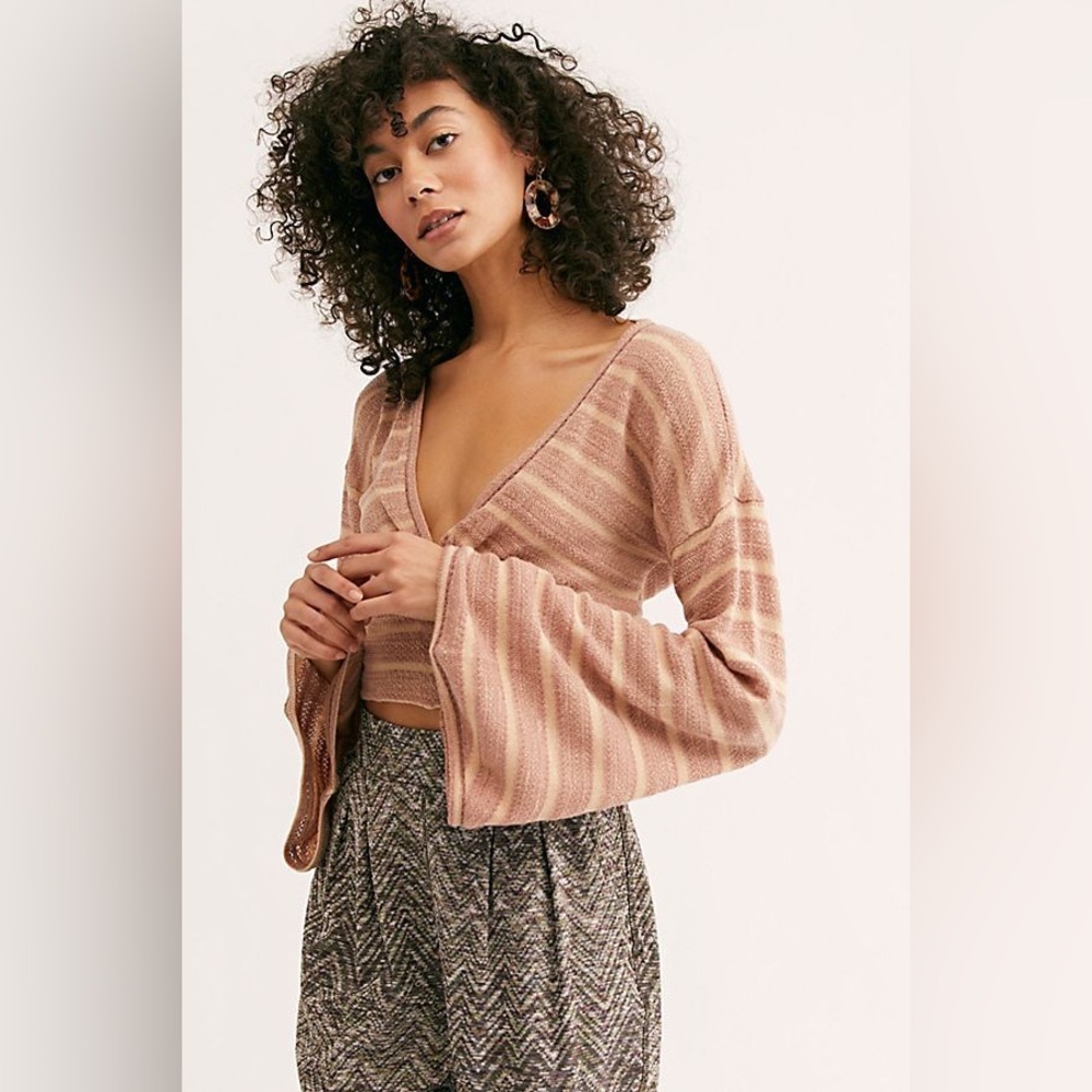 Free People Give It A Spin Cropped Knit Bell Sleeve Sweater Top